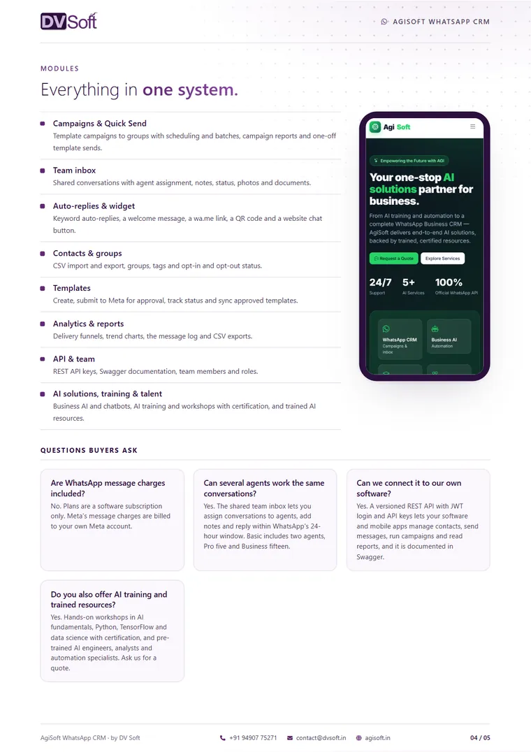 AgiSoft WhatsApp CRM brochure, page 4: Modules