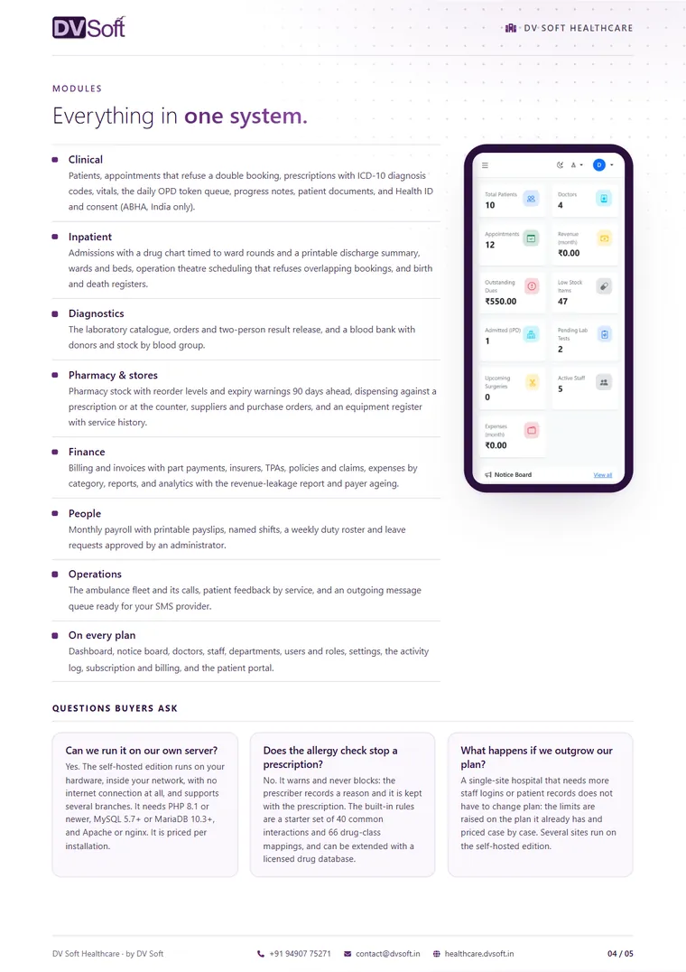DV Soft Healthcare brochure, page 4: Modules