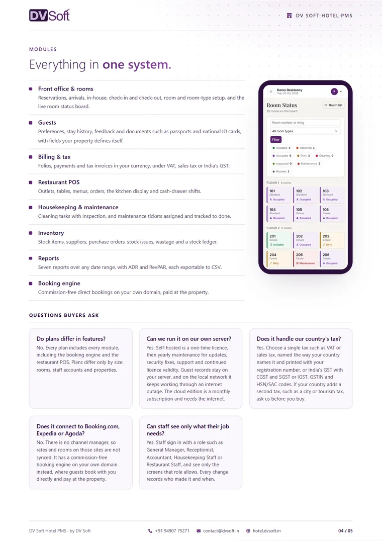 DV Soft Hotel PMS brochure, page 4: Modules