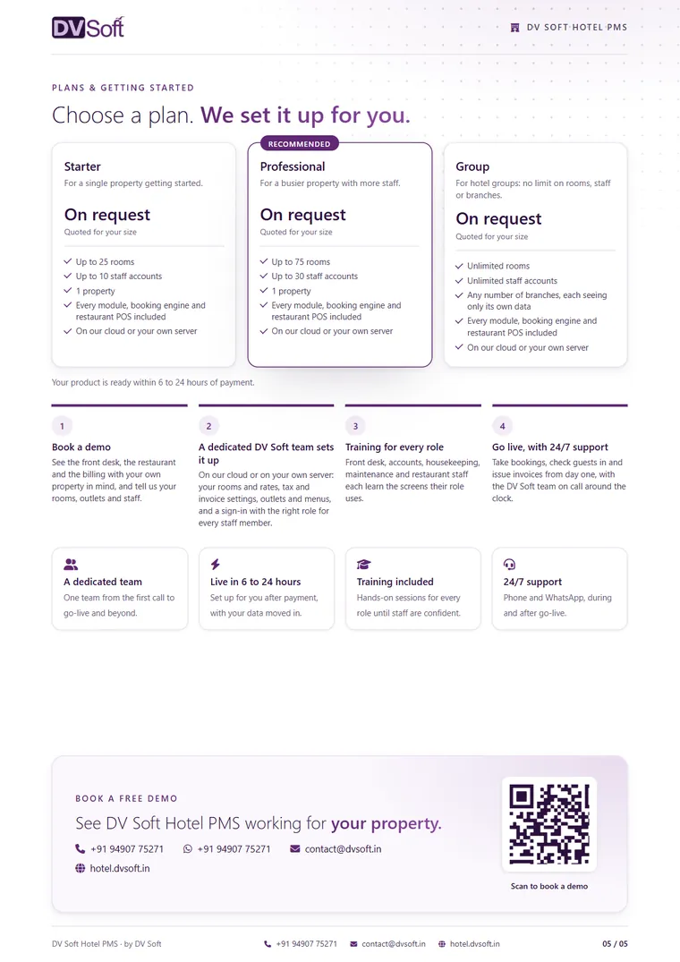 DV Soft Hotel PMS brochure, page 5: Plans