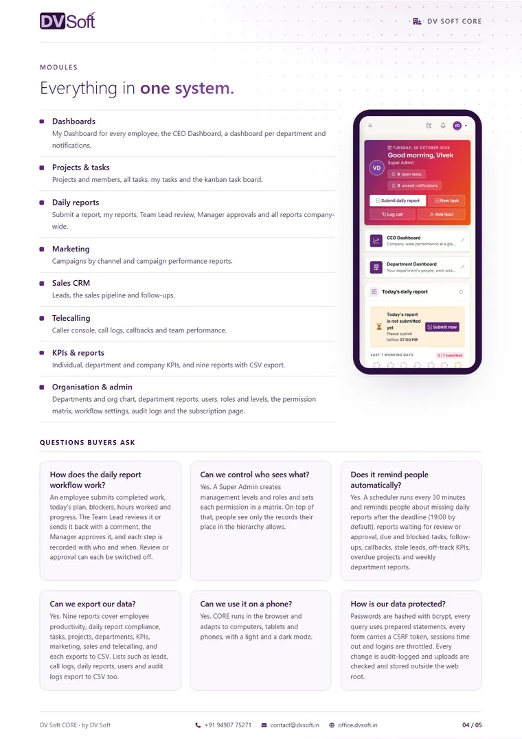 DV Soft CORE brochure, page 4: Modules