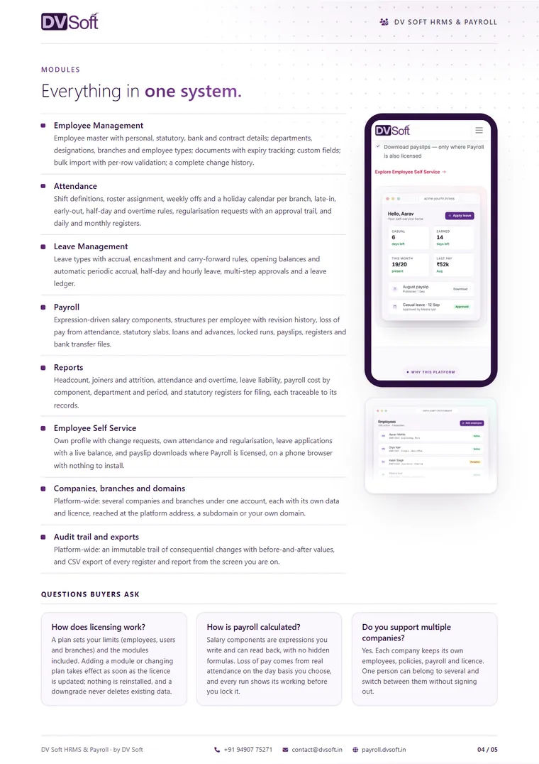 DV Soft HRMS & Payroll brochure, page 4: Modules