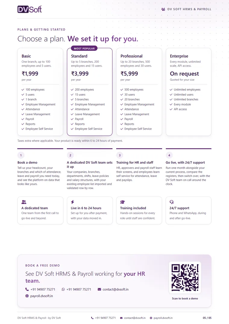 DV Soft HRMS & Payroll brochure, page 5: Plans