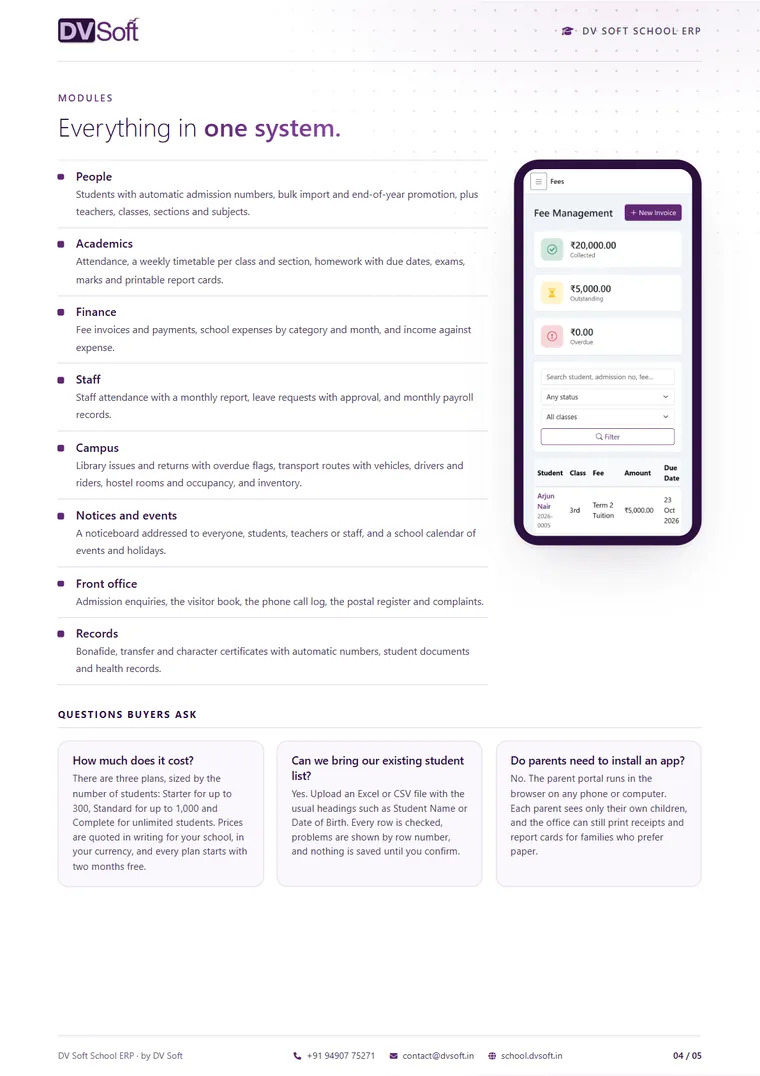 DV Soft School ERP brochure, page 4: Modules